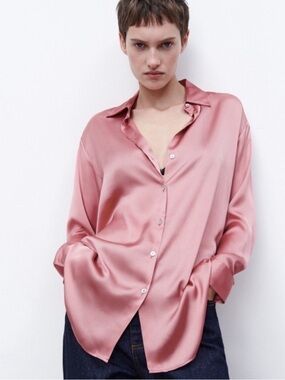 Zara Dusty Rose Satin Button-Up Blouse